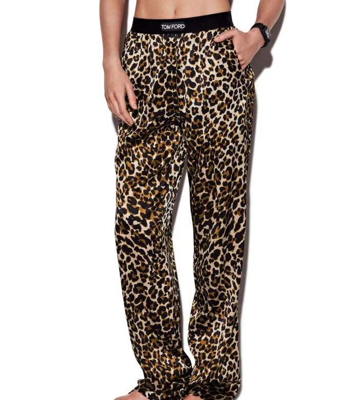 Women Pajamas and Robes Tom Ford Reflected Leopard Pattern Silk Satin Pj Pants Black Beige