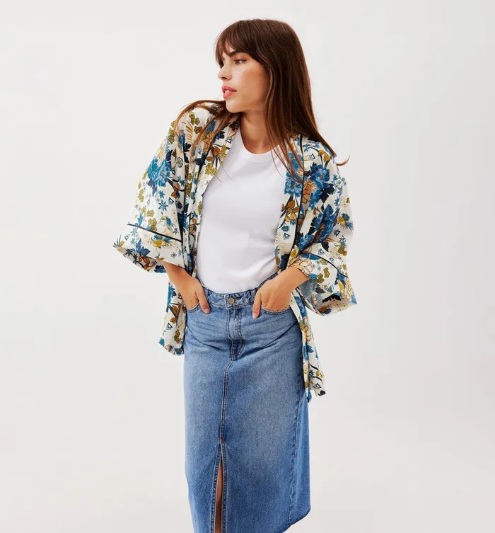 Women Patterned Satin Kimono 8211 Ecru Print Promod Jackets