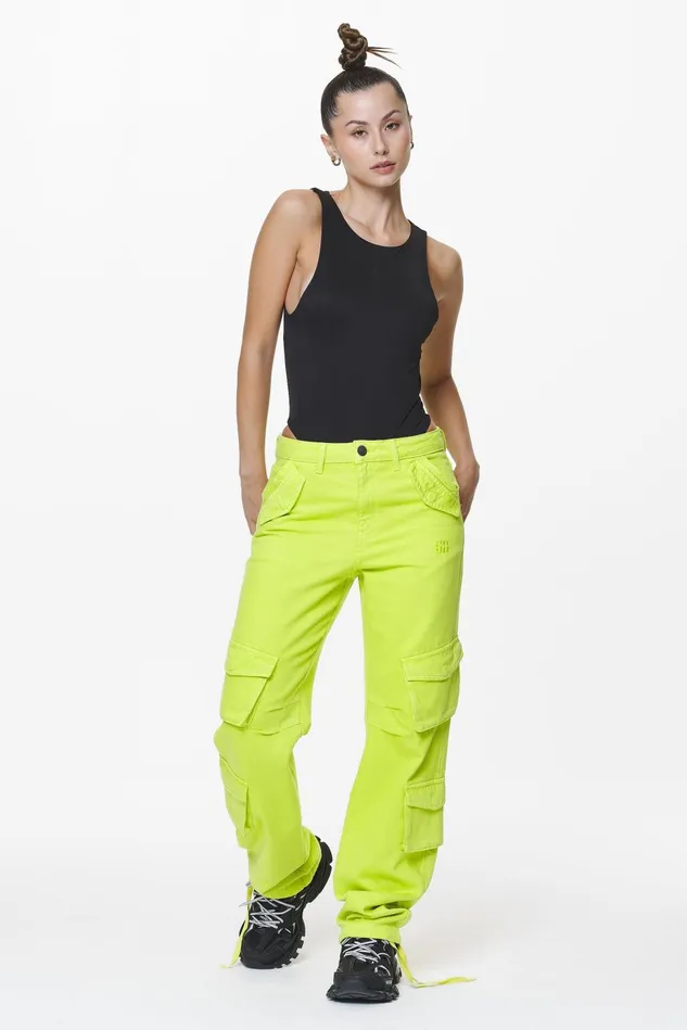 Women Pegador Jeans Maloy Cargo Wide Jeans Washed Lime Yellow Women Pegador Jeans Maloy Cargo Wide Jeans Washed Lime Yellow