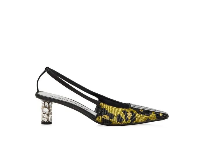 Women Pumps Tom Ford Leopard Embroidery Bejewelled Slingback Yellowblack Crystal