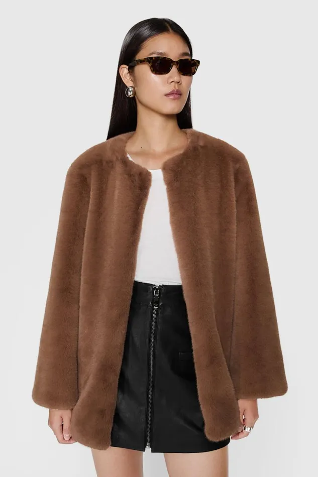 Women Rebecca Minkoff Outerwear Vegan Fur Collarless Jacket Vicuna
