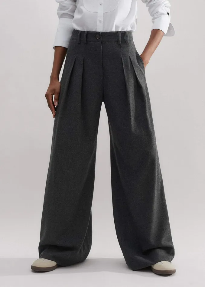 Women RegularLength Italian Flannel WideLeg Pant Charcoal MEEM