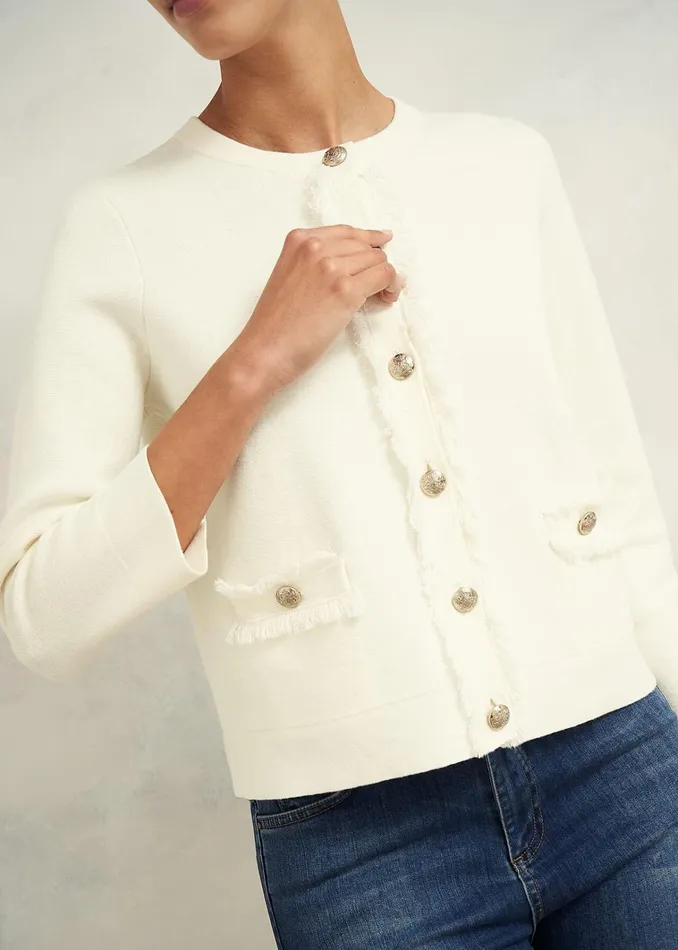 Women Sairey Cotton Wool Knitted Jacket Warm Ivory Hobbs Coats and Jackets