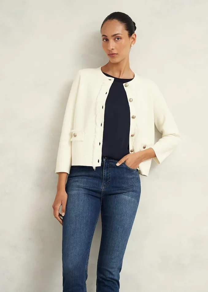 Women Sairey Cotton Wool Knitted Jacket Warm Ivory Hobbs Coats and Jackets