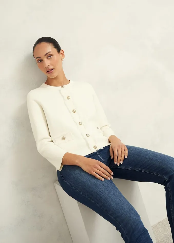 Women Sairey Cotton Wool Knitted Jacket Warm Ivory Hobbs Coats and Jackets