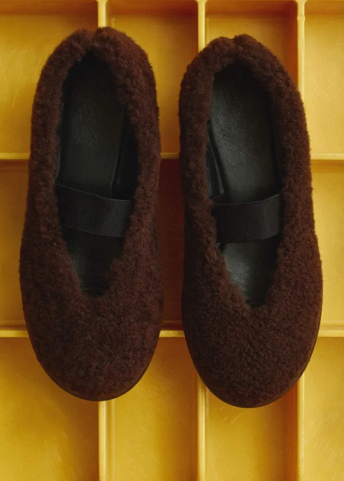 Women Shearling Ballerina Flat Chocolate MEEM