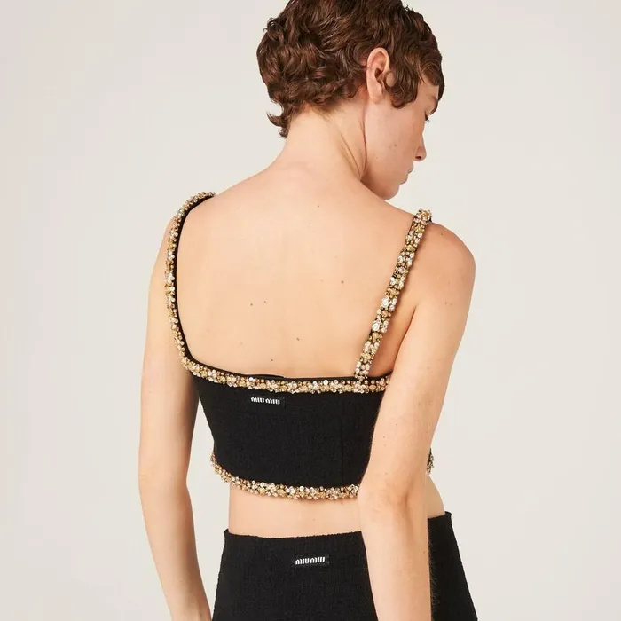 Women Shirts And Tops Miu Miu Embroidered Tweed Top Black Women Shirts And Tops Miu Miu Embroidered Tweed Top Black