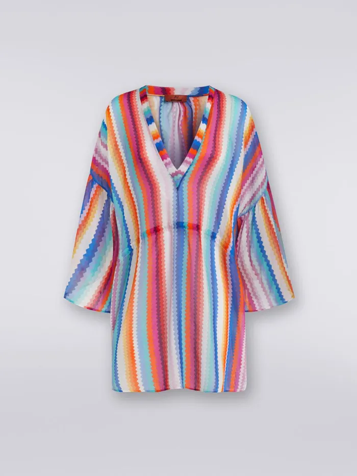 Women Short Cover Up Kaftan In Zigzag Cotton And Silk Multicoloured Missoni Beachwear