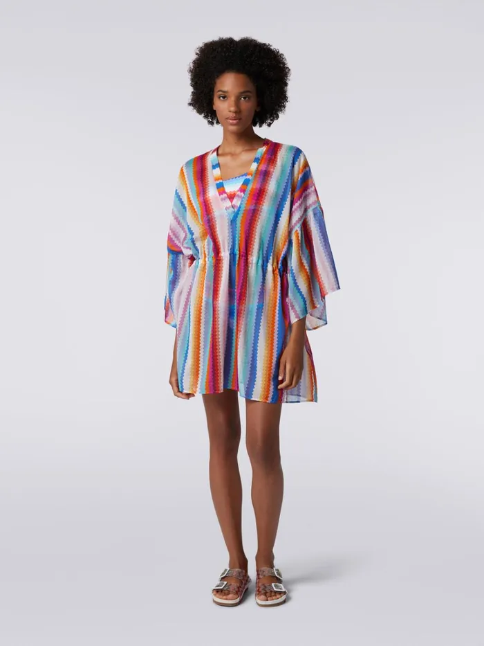 Women Short Cover Up Kaftan In Zigzag Cotton And Silk Multicoloured Missoni Beachwear