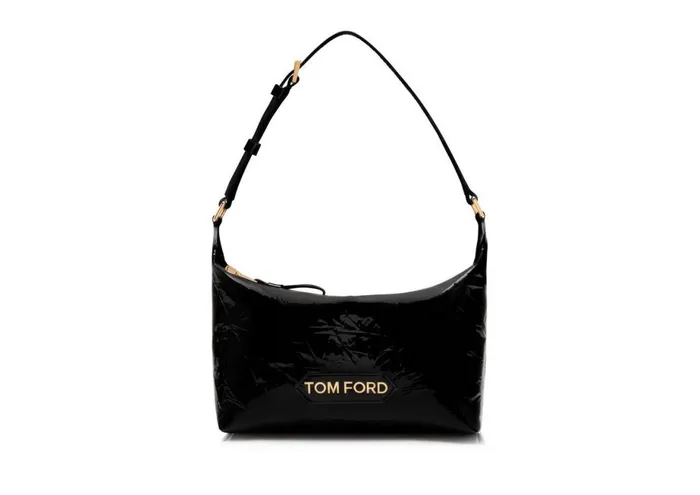 Women Shoulder Bags Tom Ford Crinkled Patent Leather Label Medium Pouch Black