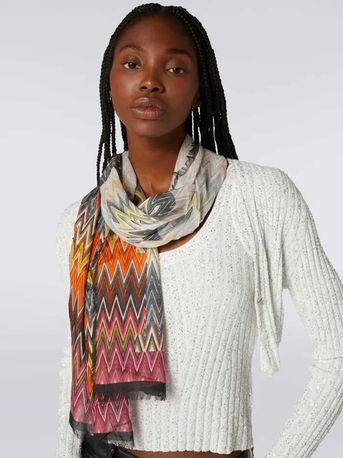 Women Silk Blend Chevron Stole With Logo Lettering Multicoloured Missoni Scarves and Foulards Women Silk Blend Chevron Stole With Logo Lettering Multicoloured Missoni Scarves and Foulards