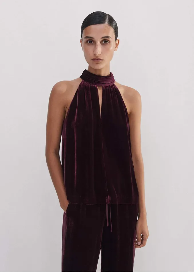 Women SilkBlend Velvet Halterneck Top Deep Merlot MEEM