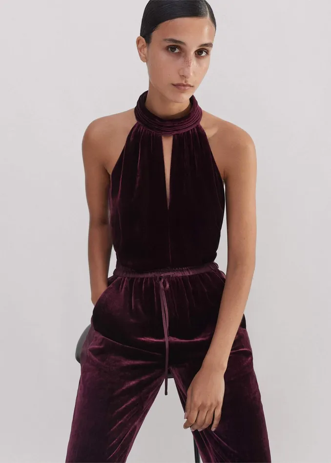 Women SilkBlend Velvet Halterneck Top Deep Merlot MEEM
