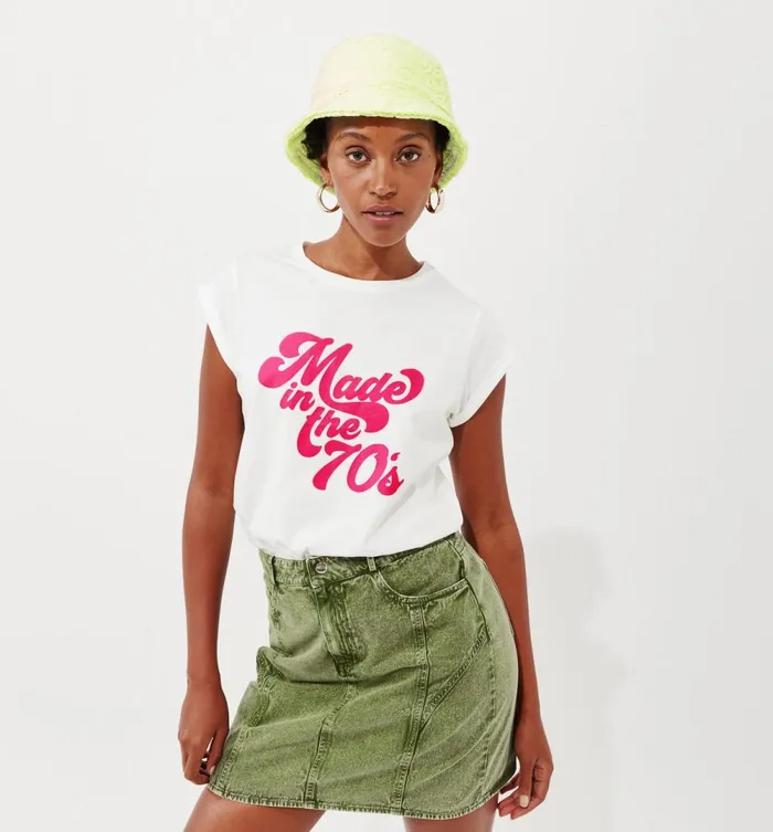 Women Slogan TShirt 8211 Ecru Print Promod Tops