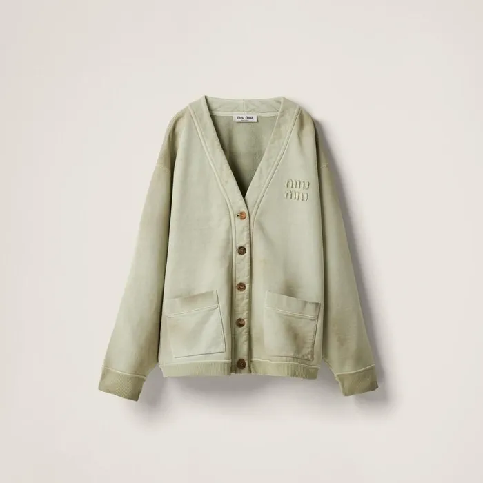 Women TShirts And Sweatshirts Miu Miu Garmentdyed Cotton Fleece Cardigan Agave