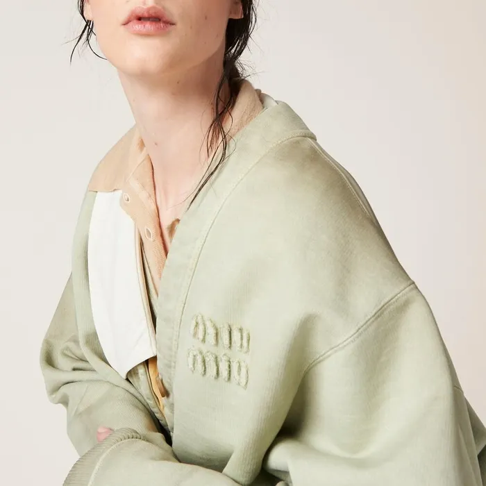 Women TShirts And Sweatshirts Miu Miu Garmentdyed Cotton Fleece Cardigan Agave Women TShirts And Sweatshirts Miu Miu Garmentdyed Cotton Fleece Cardigan Agave