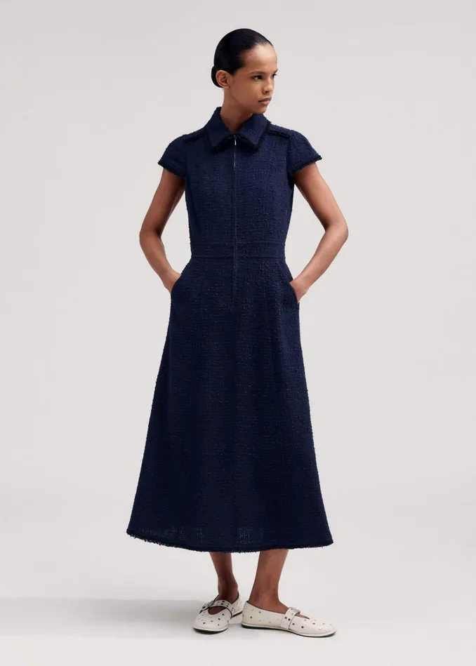 Women Textured CottonBlend Midi Dress Navy MEEM