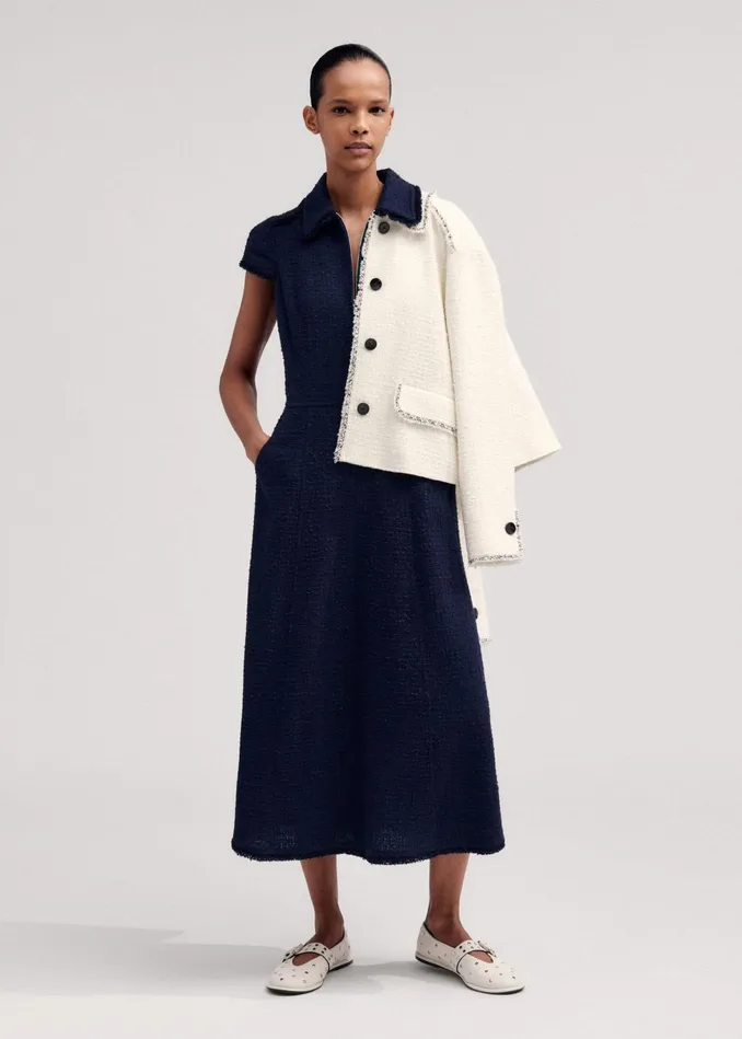 Women Textured CottonBlend Midi Dress Navy MEEM