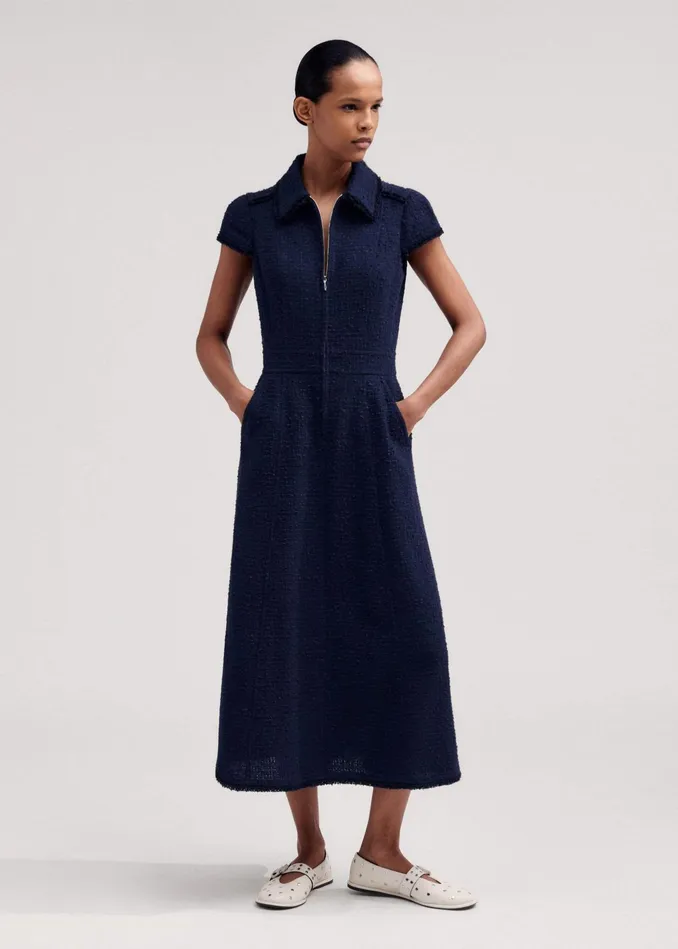 Women Textured CottonBlend Midi Dress Navy MEEM