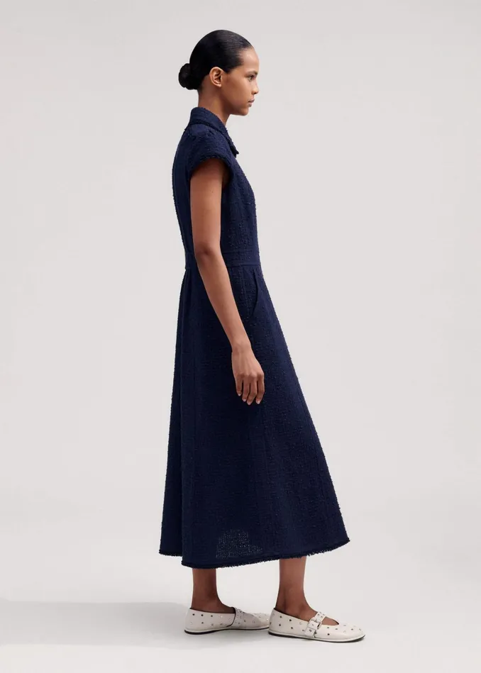 Women Textured CottonBlend Midi Dress Navy MEEM