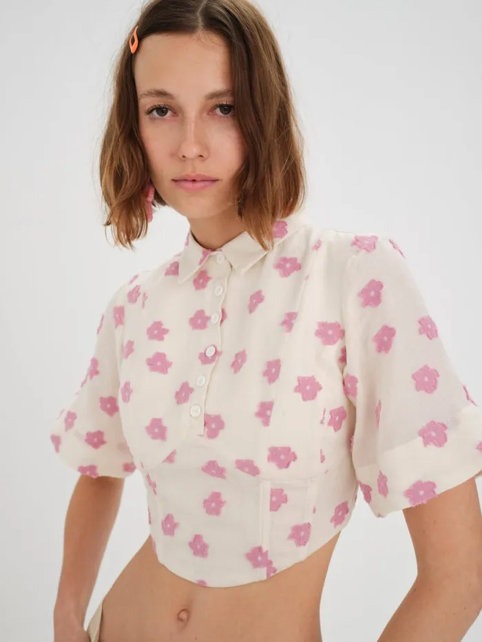 Women Tops For Love and Lemons Clover Short Sleeve Corset Top Pink
