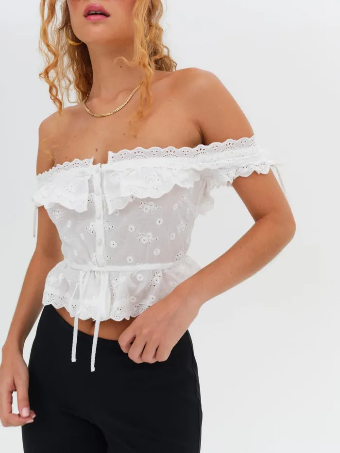 Women Tops For Love and Lemons Marlowe OffShoulder Top White