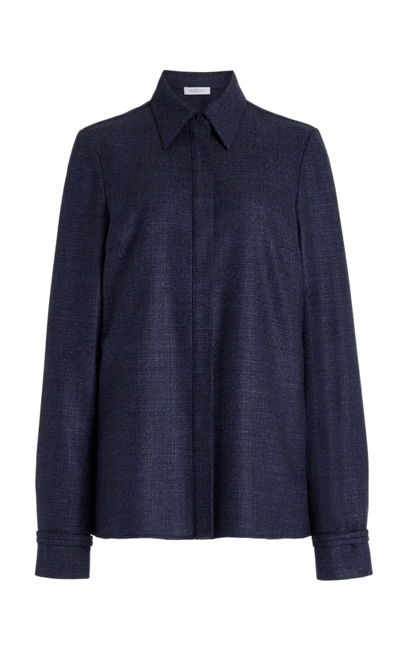 Women Tops Gabriela Hearst Cruz Shirt In Dark Navy Virgin Wool Silk Tweed