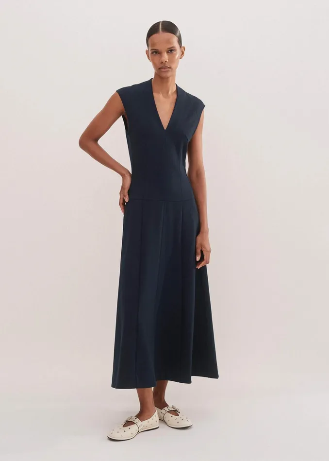 Women Travel Tailoring Maxi Dress Belt Navy MEEM