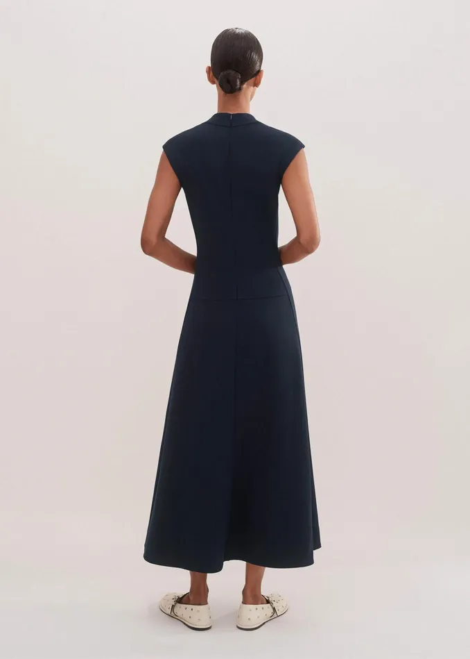 Women Travel Tailoring Maxi Dress Belt Navy MEEM