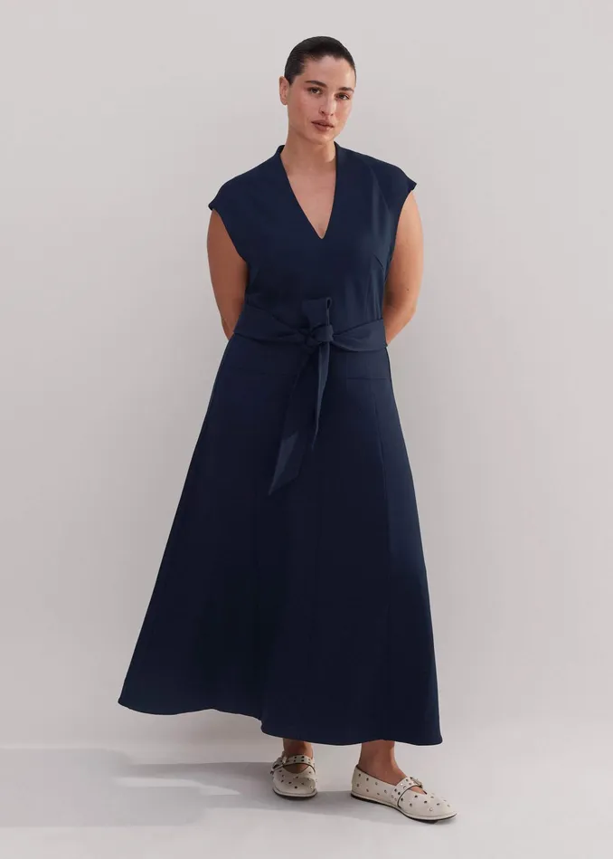 Women Travel Tailoring Maxi Dress Belt Navy MEEM