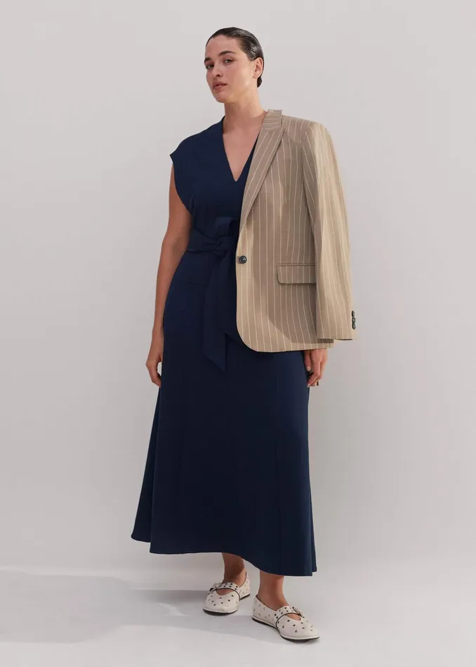 Women Travel Tailoring Maxi Dress Belt Navy MEEM