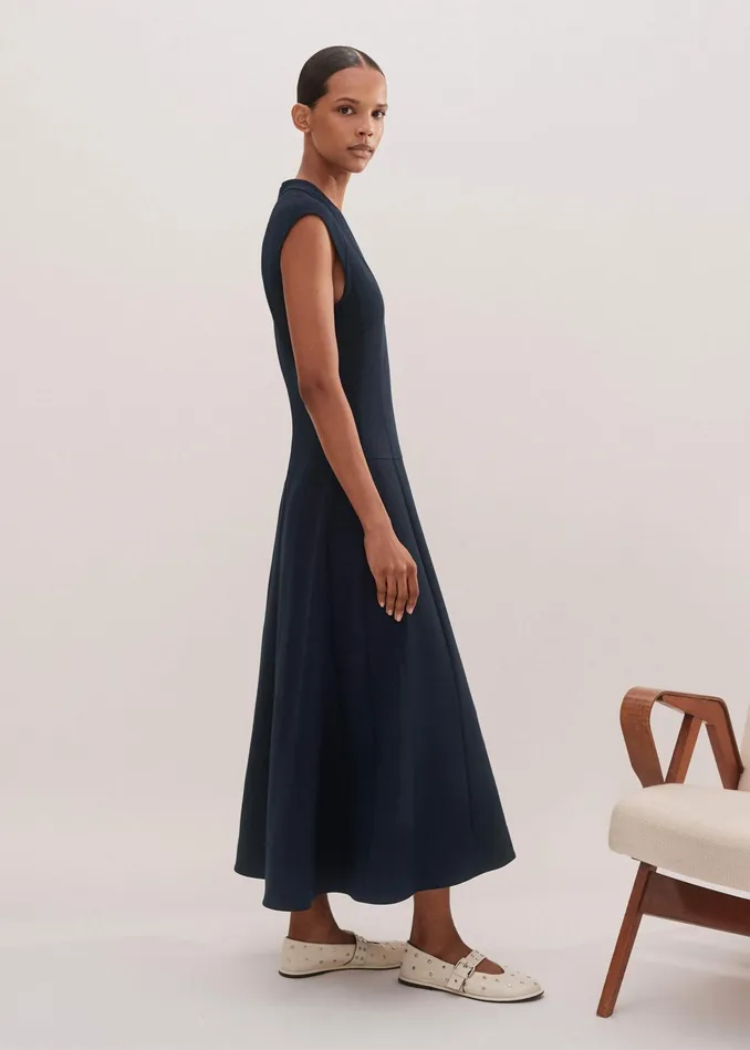 Women Travel Tailoring Maxi Dress Belt Navy MEEM