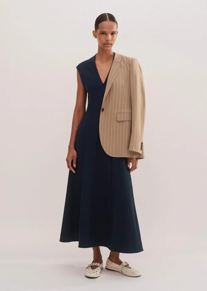 Women Travel Tailoring Maxi Dress Belt Navy MEEM