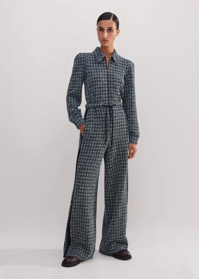 Women Tweed Drawstring Jumpsuit Navybluecream MEEM