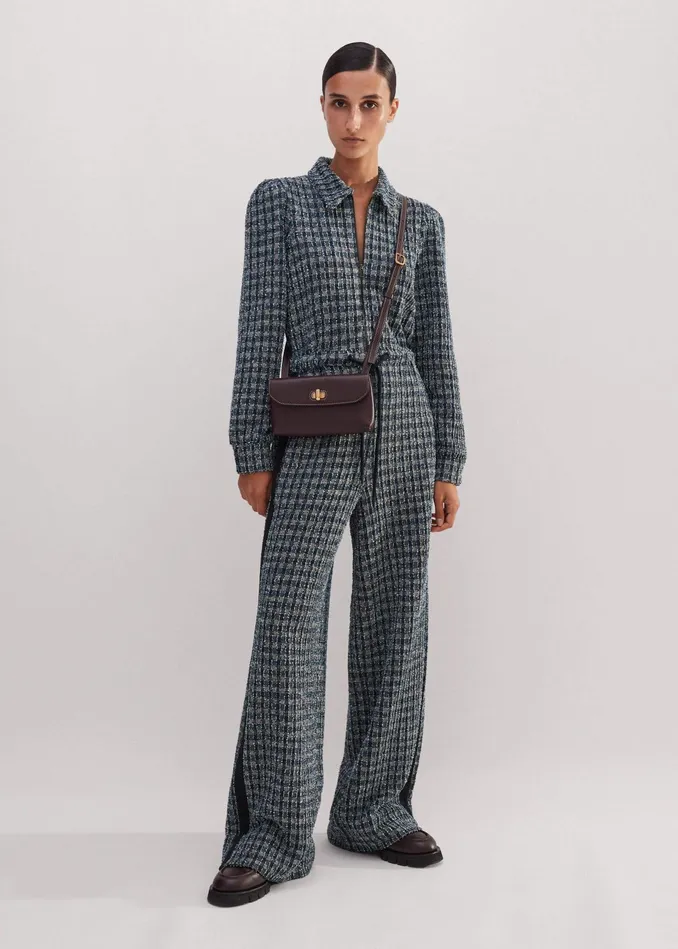 Women Tweed Drawstring Jumpsuit Navybluecream MEEM