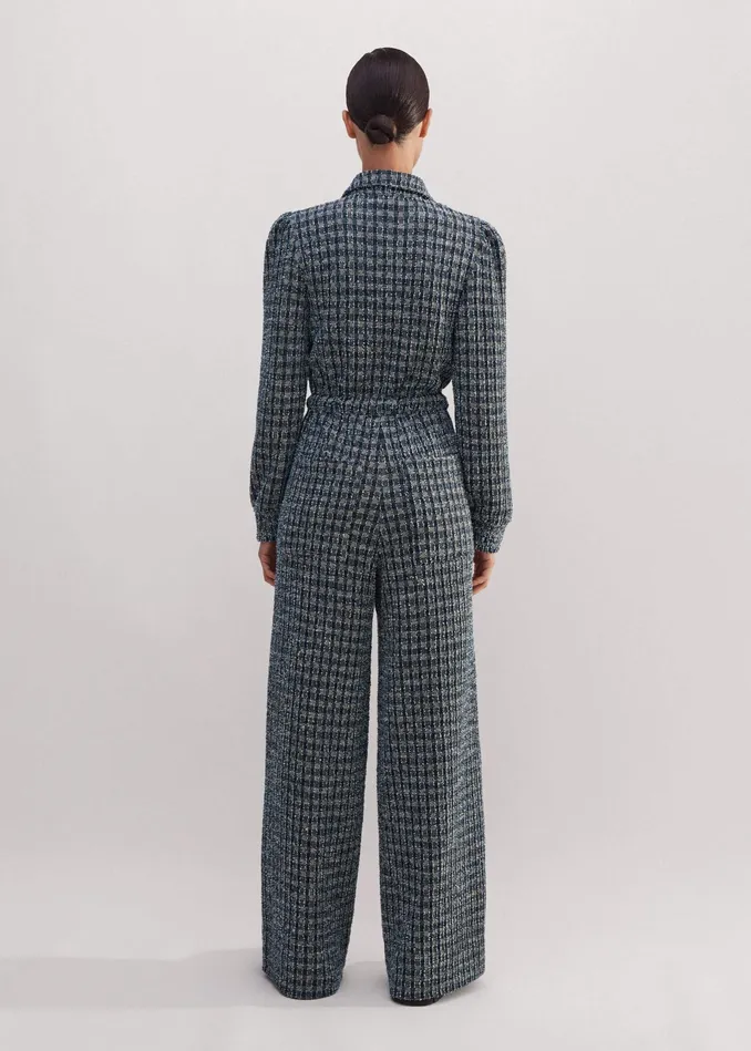 Women Tweed Drawstring Jumpsuit Navybluecream MEEM
