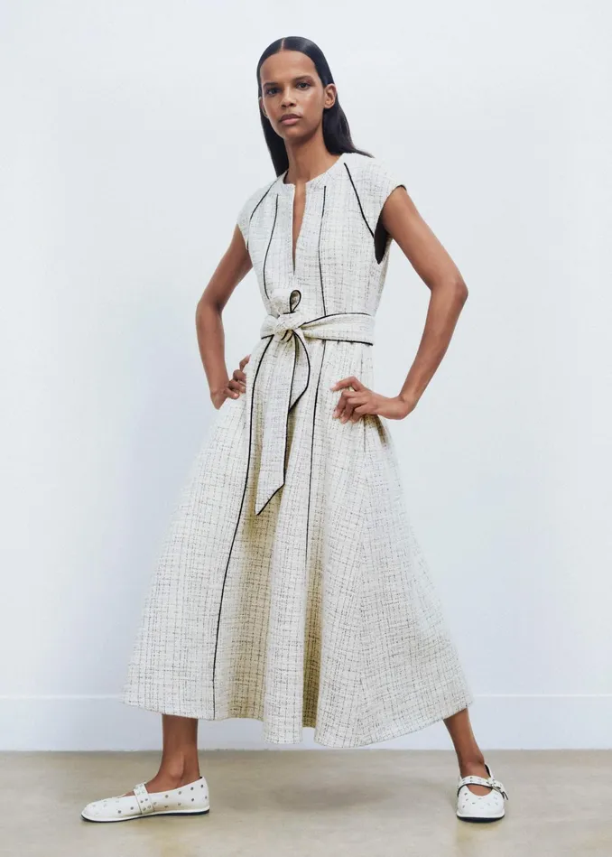 Women Tweed Swing Midi Dress Belt Creamblack MEEM