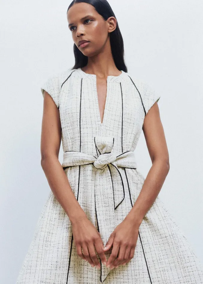 Women Tweed Swing Midi Dress Belt Creamblack MEEM