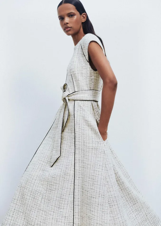 Women Tweed Swing Midi Dress Belt Creamblack MEEM