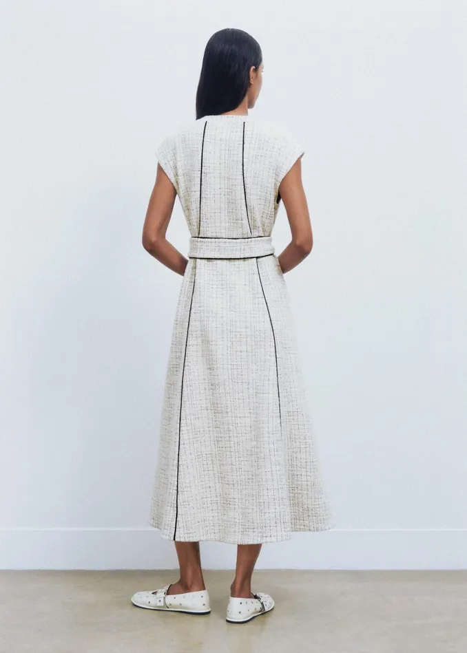 Women Tweed Swing Midi Dress Belt Creamblack MEEM