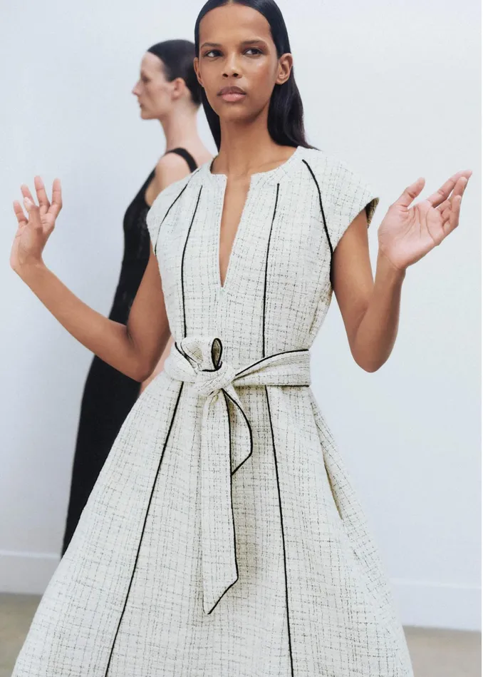 Women Tweed Swing Midi Dress Belt Creamblack MEEM