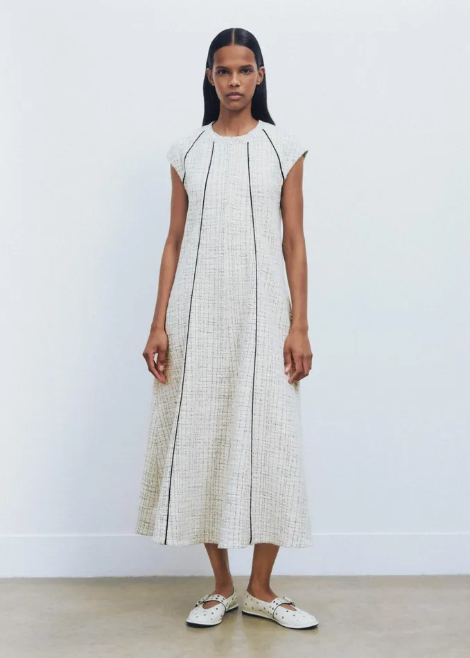Women Tweed Swing Midi Dress Belt Creamblack MEEM