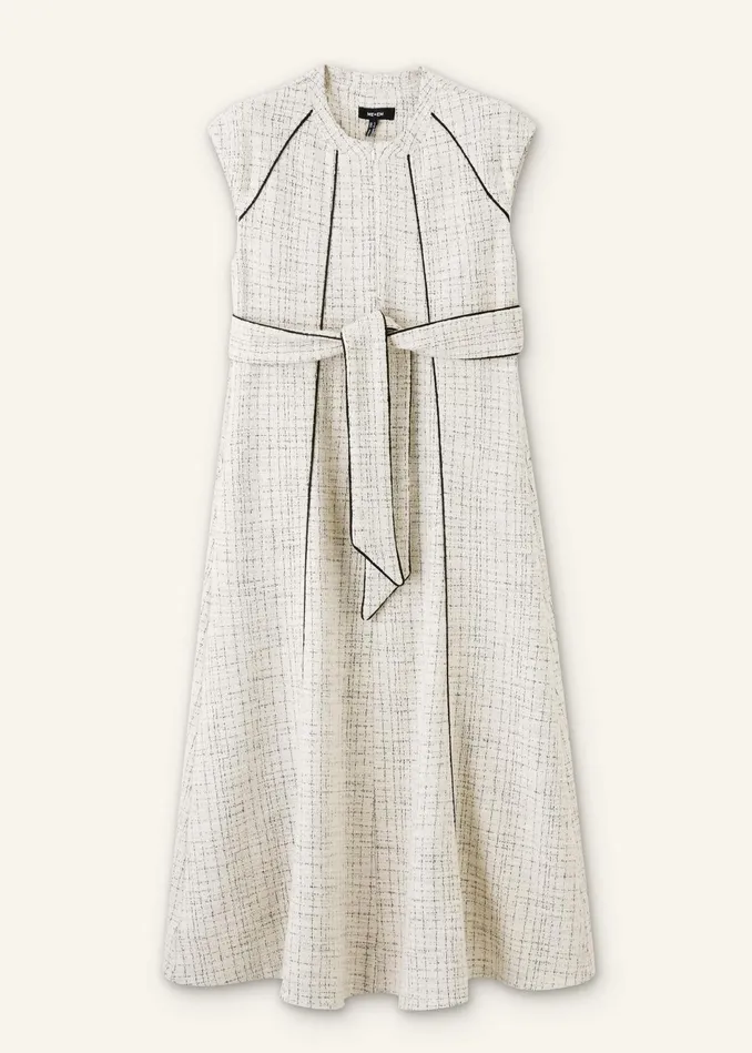 Women Tweed Swing Midi Dress Belt Creamblack MEEM