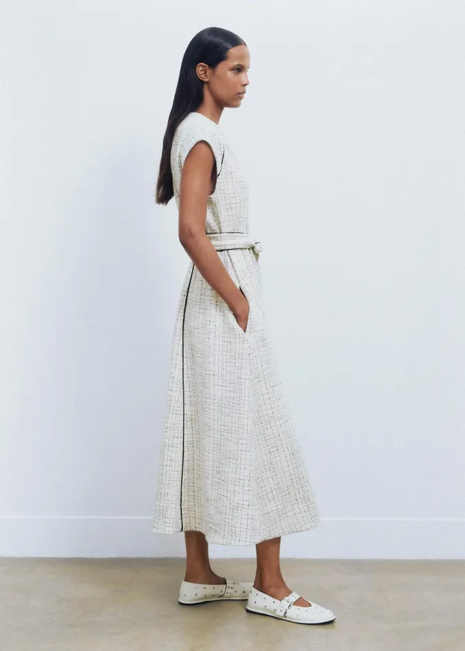 Women Tweed Swing Midi Dress Belt Creamblack MEEM