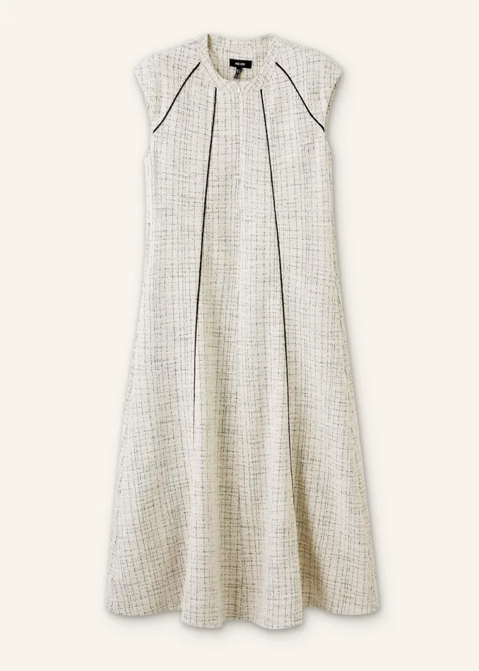 Women Tweed Swing Midi Dress Belt Creamblack MEEM
