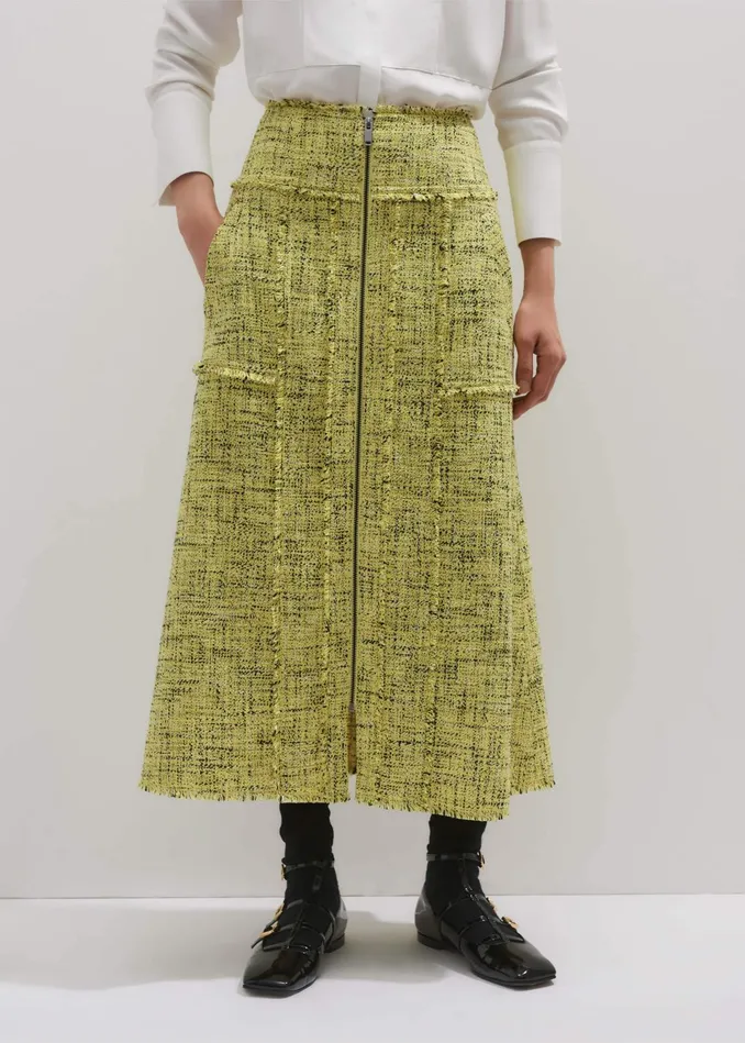 Women Tweed Zip Front ALine Midi Skirt Citrus MEEM