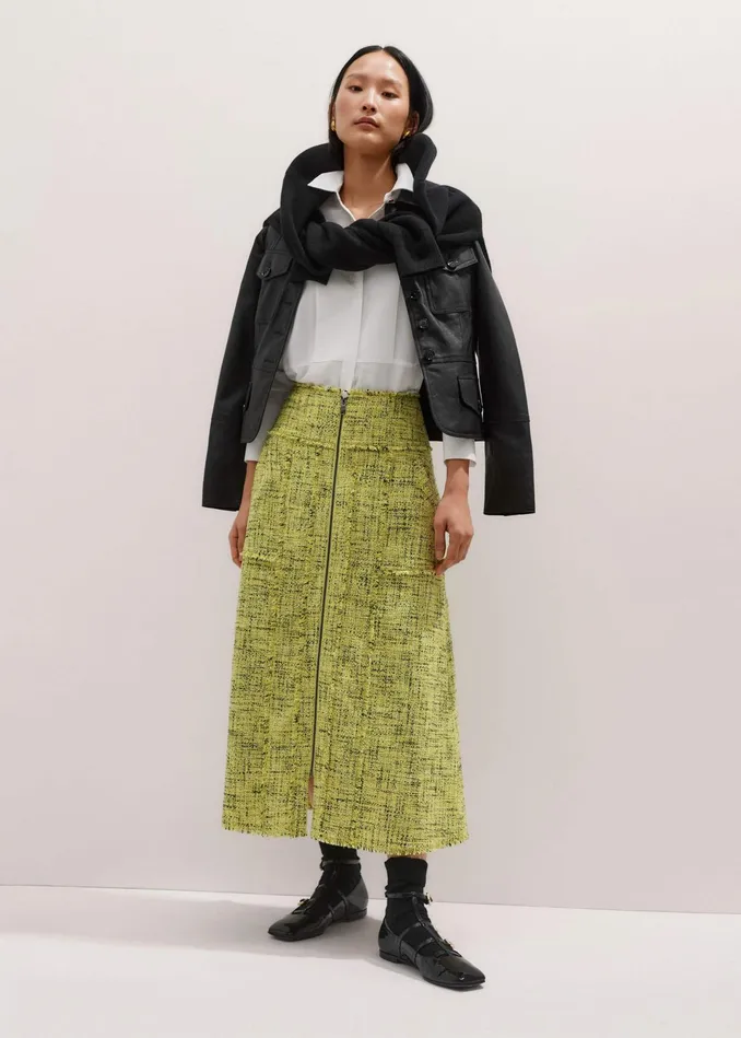 Women Tweed Zip Front ALine Midi Skirt Citrus MEEM