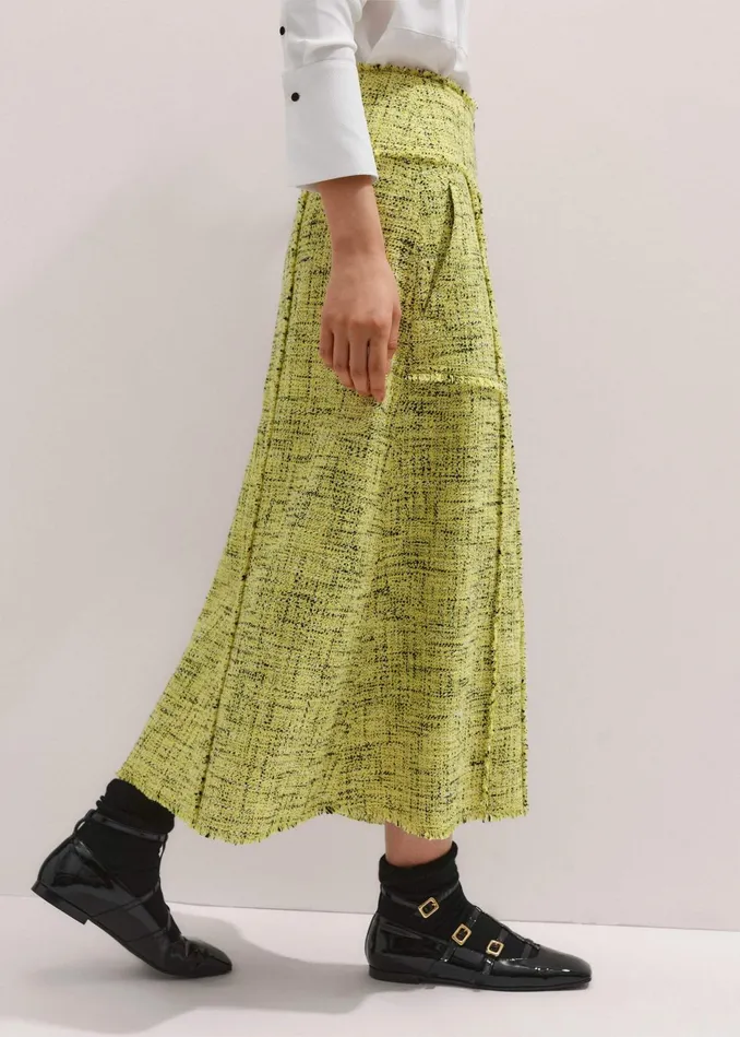 Women Tweed Zip Front ALine Midi Skirt Citrus MEEM