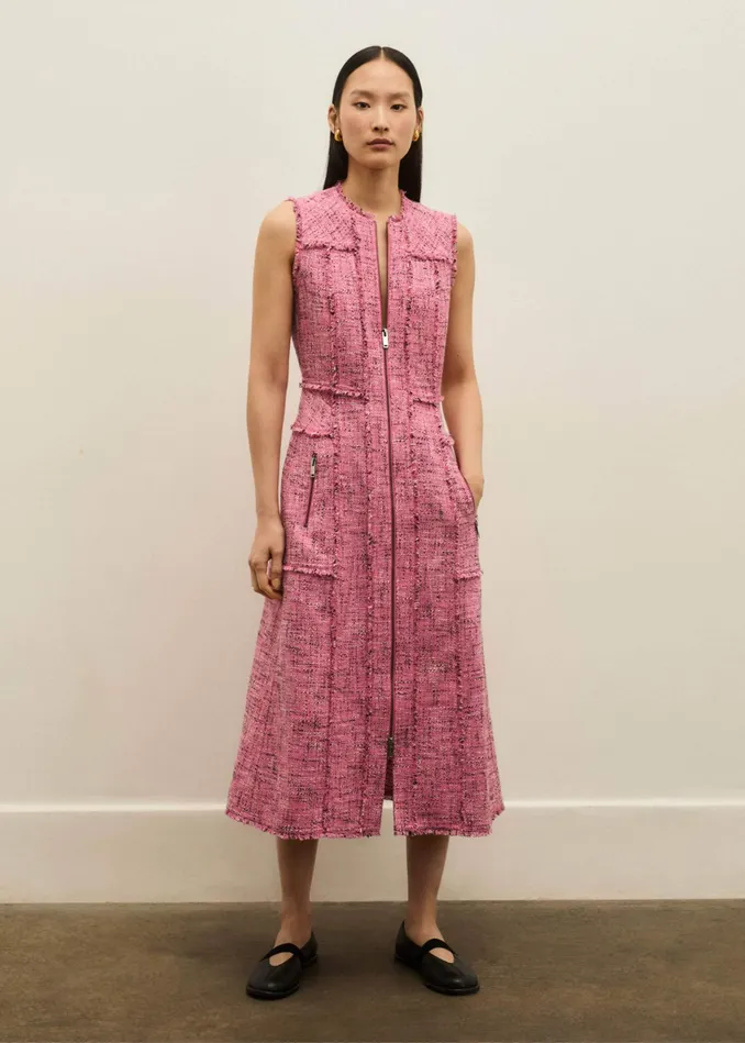 Women Tweed Zip Front Midi Dress Perfect Pink MEEM