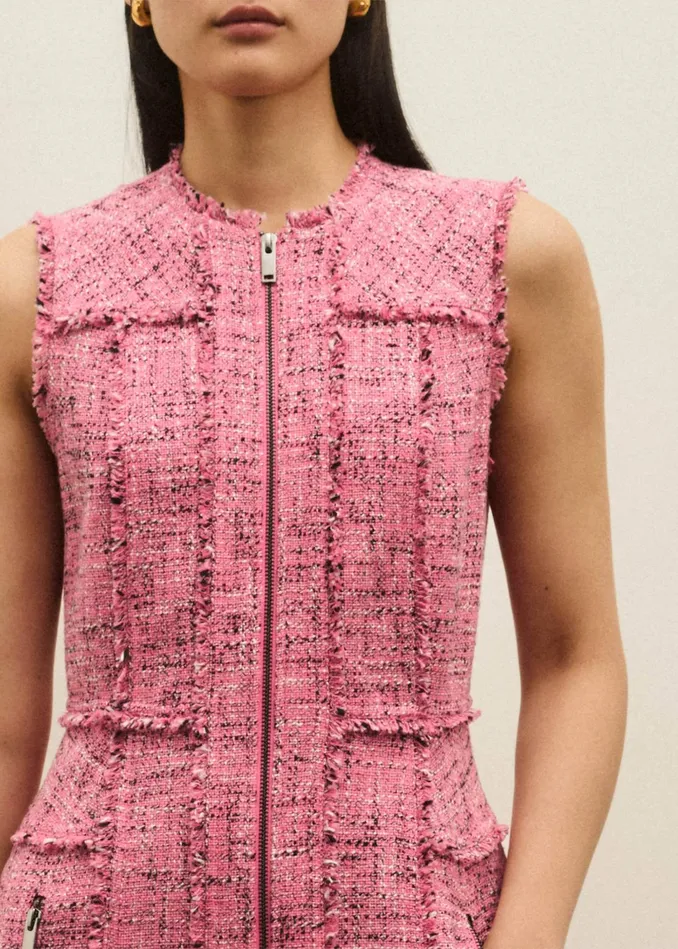Women Tweed Zip Front Midi Dress Perfect Pink MEEM